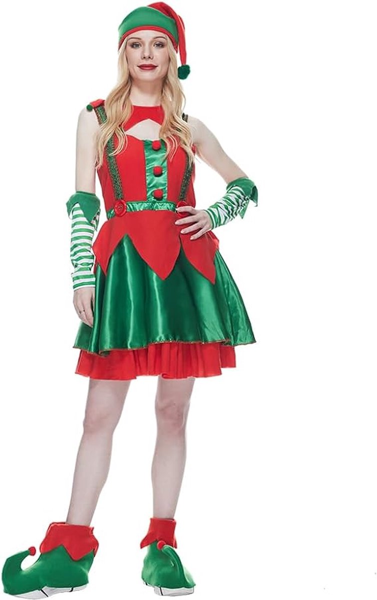 Elf Kostuum Vrouwen Santa Helper Kerstmis Sexy Jurk Groen en Rood